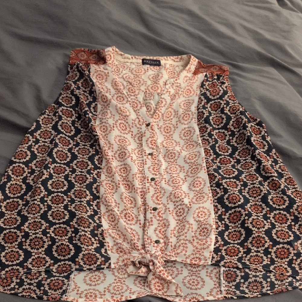 Artesia Orange and Pink Sleeveless Blouse with Tie Front Size XXL